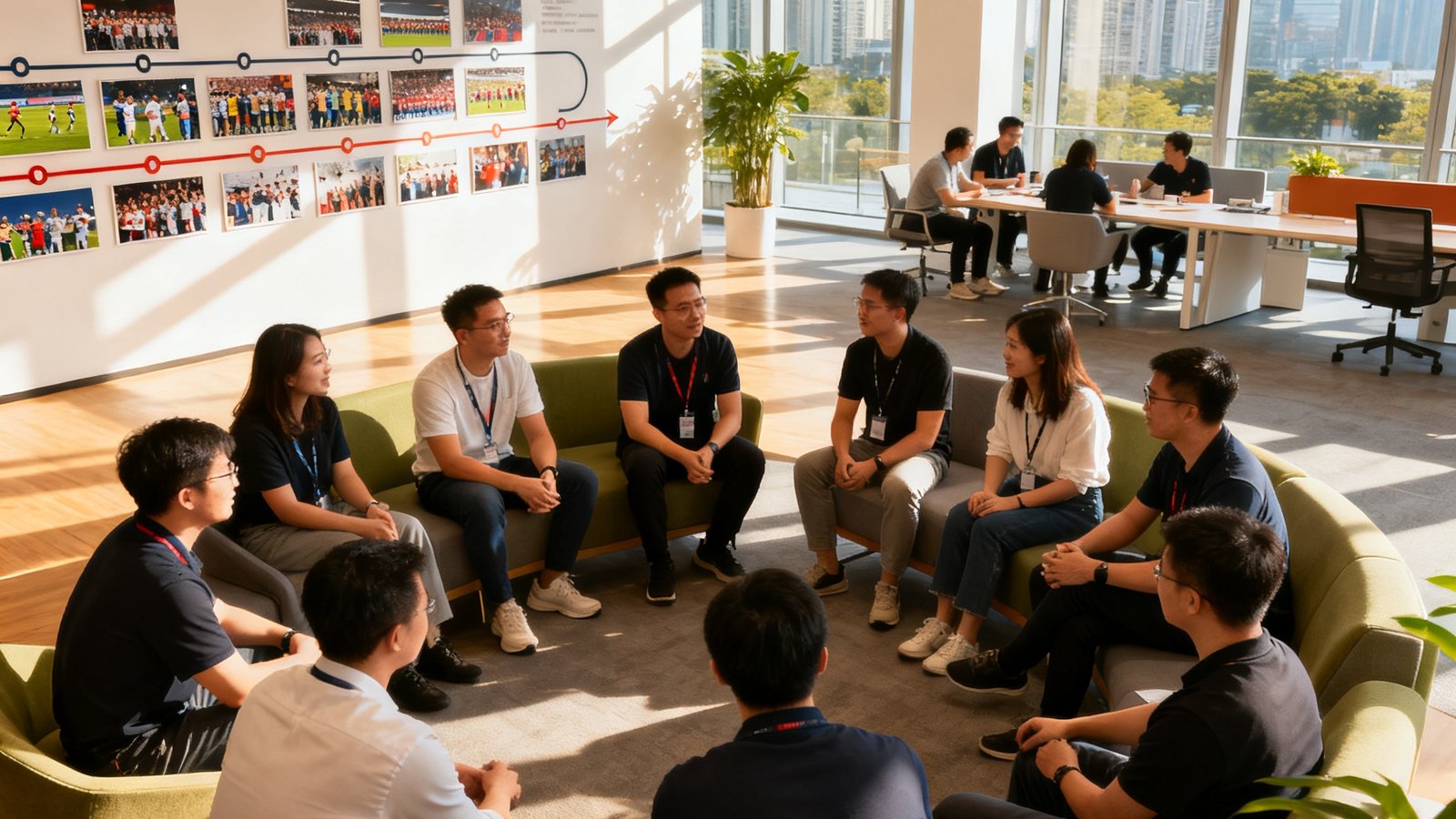 必一运动深圳总部开放办公区内，三十余位团队成员自然围坐交谈，背景墙面装饰着品牌发展时间线和历年赛事照片，阳光从落地窗倾泻而入