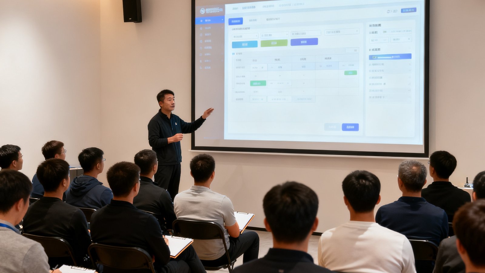 小型发布会现场，李明远站在投影幕布前演示智能训练规划系统的界面，台下坐着约四十位嘉宾